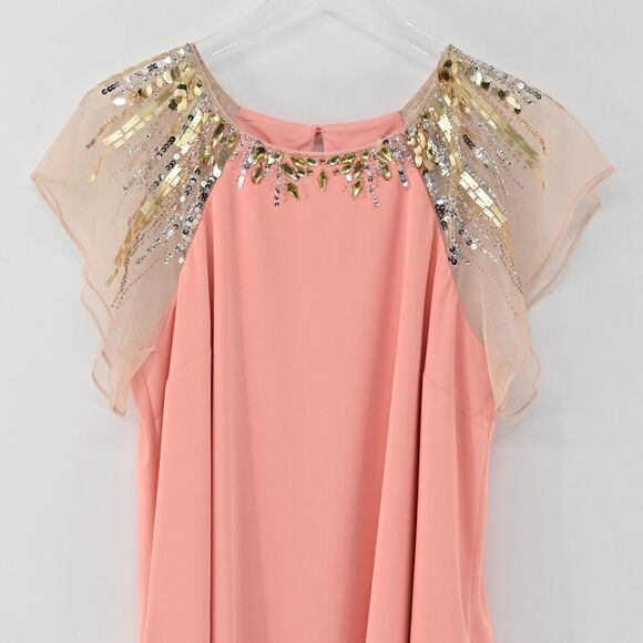 AIDAN MATTOX Dress Womens Size 14 Flutter Sleeve Embellished Beaded Sheath Peach - Picture 4 of 14